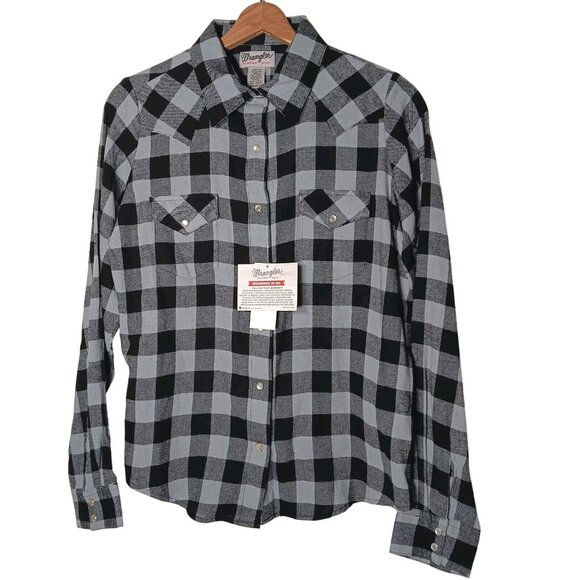 Wrangler Tops - Wrangler Wrancher Shirt Women M Flannel Black Gray Plaid Pearl Snap New Western